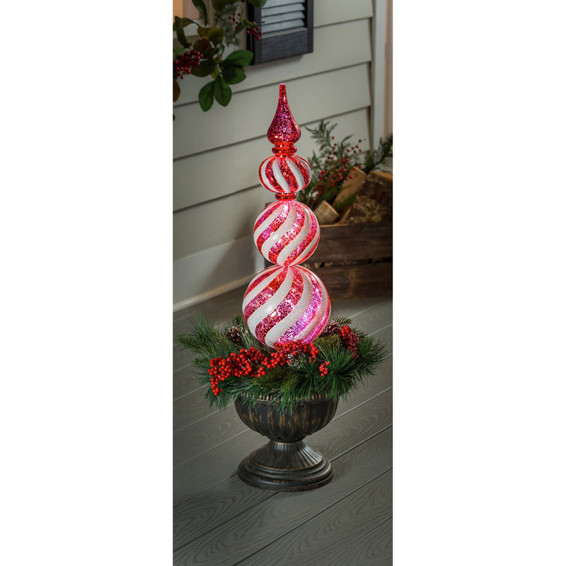 Evergreen Garden Accents,36"H Red/White Finial Shatterproof Battery Operated Twinkling White LED Ornament  with Wreath in Urn,14x14x36 Inches