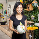 Solar Bird Sitting On Floral Orb Statue, 8"H