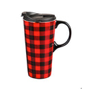 Ceramic Travel Cup, 17 OZ. ,w/box, Red & Black Buffalo Plaid,3ctc01096