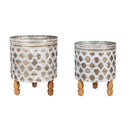 Embossed Metal Planter with Wood Legs, Set of 2