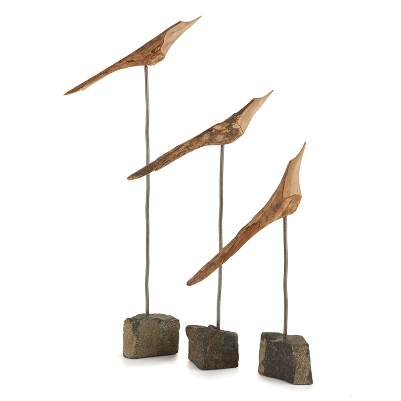THE FLOCK TALL WOODEN BIRDS ON STANDS, SET OF 3