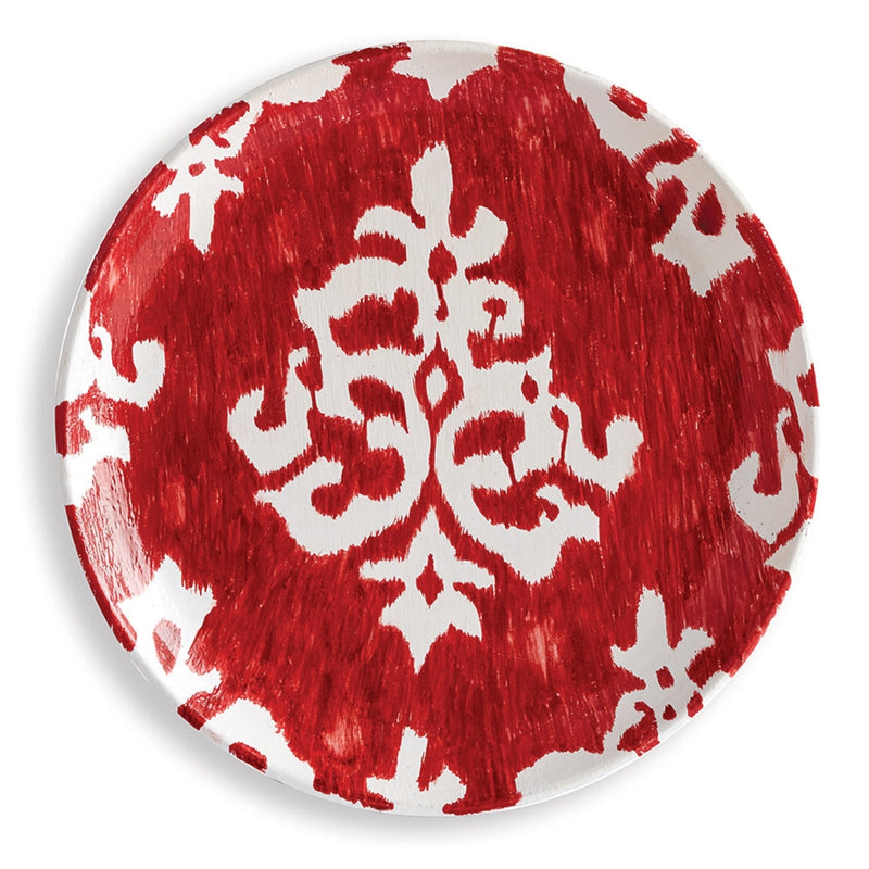 14" White Ikat Pattern on a Cardinal Red with Brushstroke Finish Decorative Plate