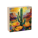 Southwest Pueblo Wood Sign Plock, Desert Flower and Cactus, 6"x6"