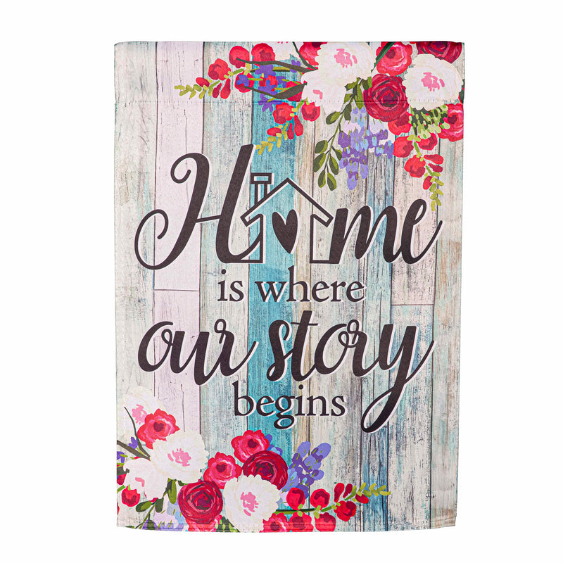Evergreen Flag,Home Is Where Our Story Begins Suede Garden Flag,0.02x12.5x18 Inches