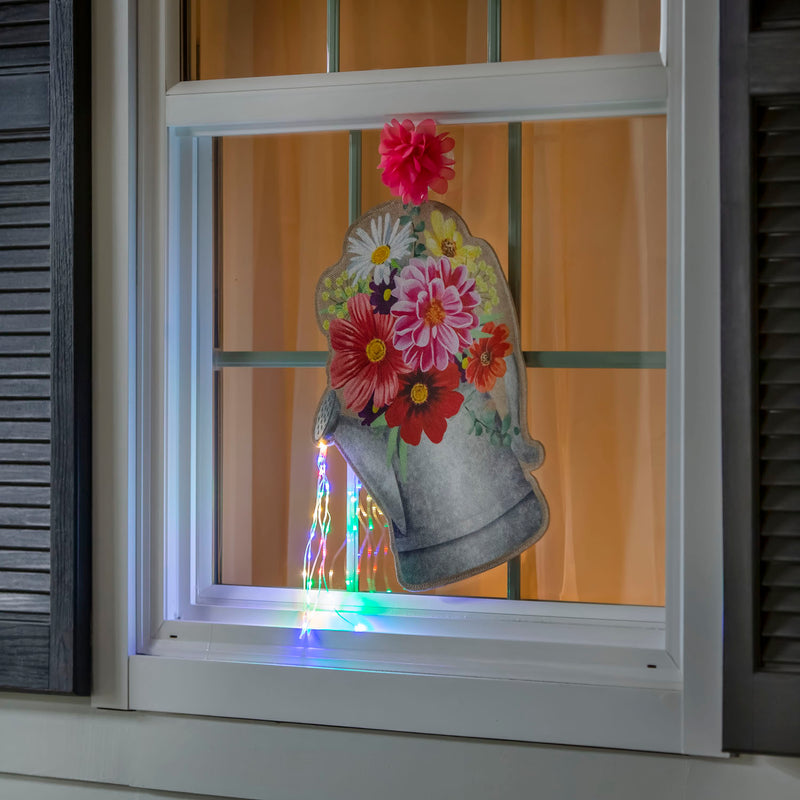 Floral Watering Can LED Window Décor,13"x13"x17"inches