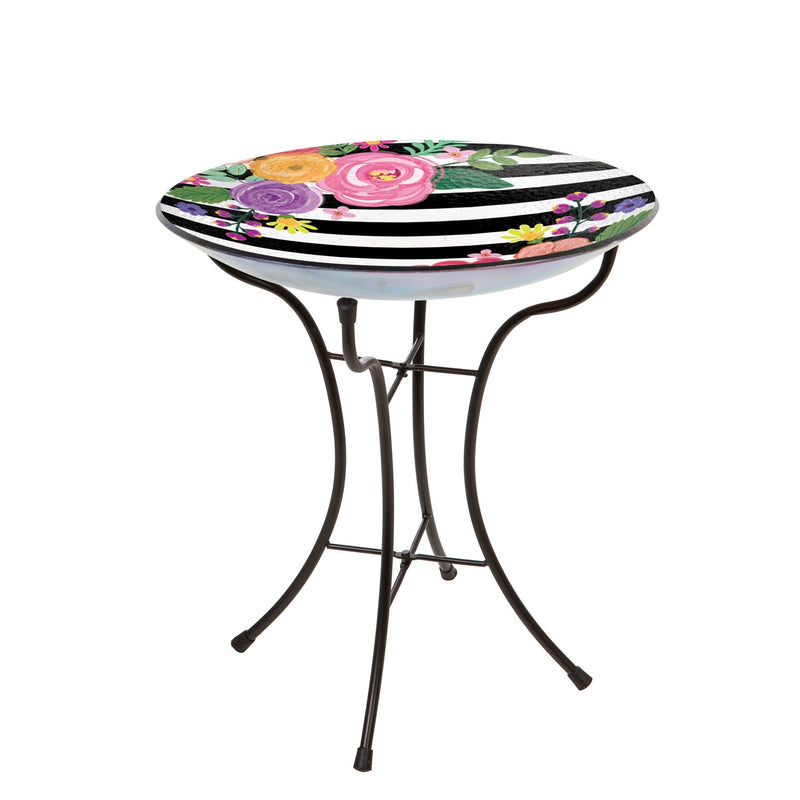 16" Glass Bird Bath with Stand, Striped Florals, 16"x16"x18.11"inches