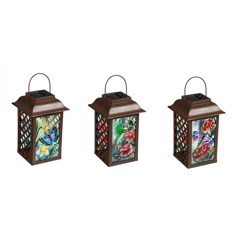 Evergreen Deck & Patio Decor,3 Asst., 9.4"H Solar Glass and Metal Lantern, Summer Florals,5.98x9.45x5.98 Inches