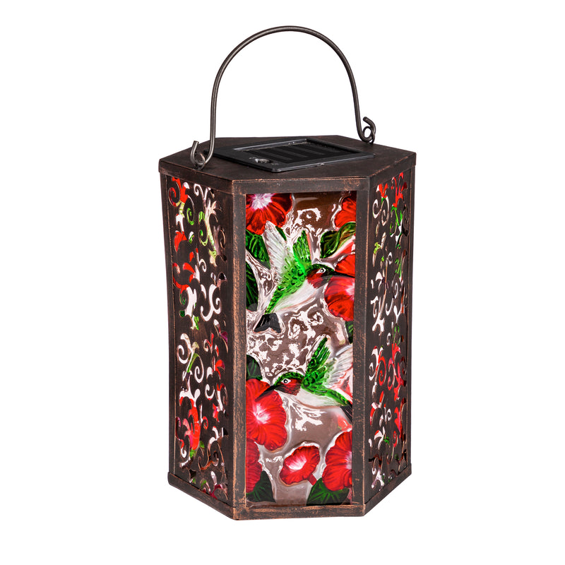 Evergreen Deck & Patio Decor,Handpainted Embossed Glass and Metal Solar Lantern, Hummingbird and Florals,5.31x5.91x8.27 Inches