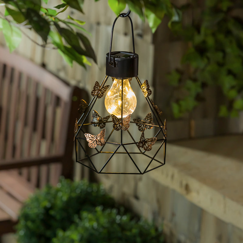 13.5"H Metal Solar Lantern with Gold Butterflies,9.06"x9.06"x13.39"inches
