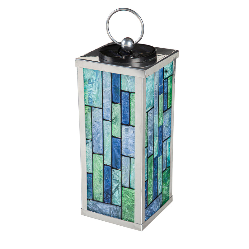 Evergreen Deck & Patio Decor,Solar Blue Stained Glass Finish Lantern,4.13x4.13x10.24 Inches