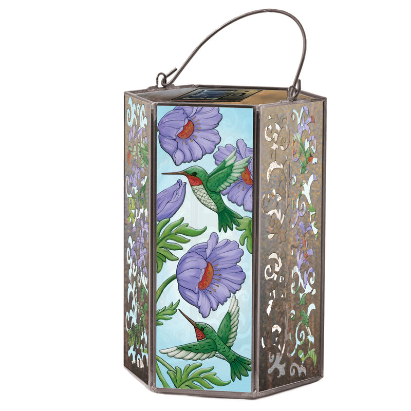 Evergreen Deck & Patio Decor,Handpainted Embossed Glass and Metal Solar Lantern, Hummingbird and Purple Florals,5.91x5.31x8.27 Inches