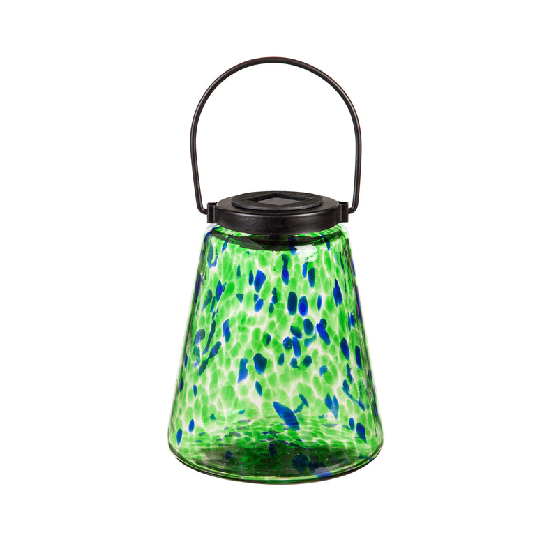 Evergreen Deck & Patio Decor,7.5" Glass Solar Lantern, Green,5.51x5.51x7.36 Inches