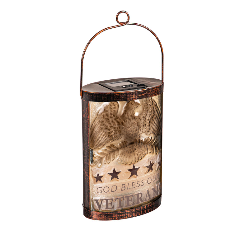 Evergreen Deck & Patio Decor,Solar Hand Painted Glass Lantern, God Bless Our Veterans,5.91x3.7x9.45 Inches