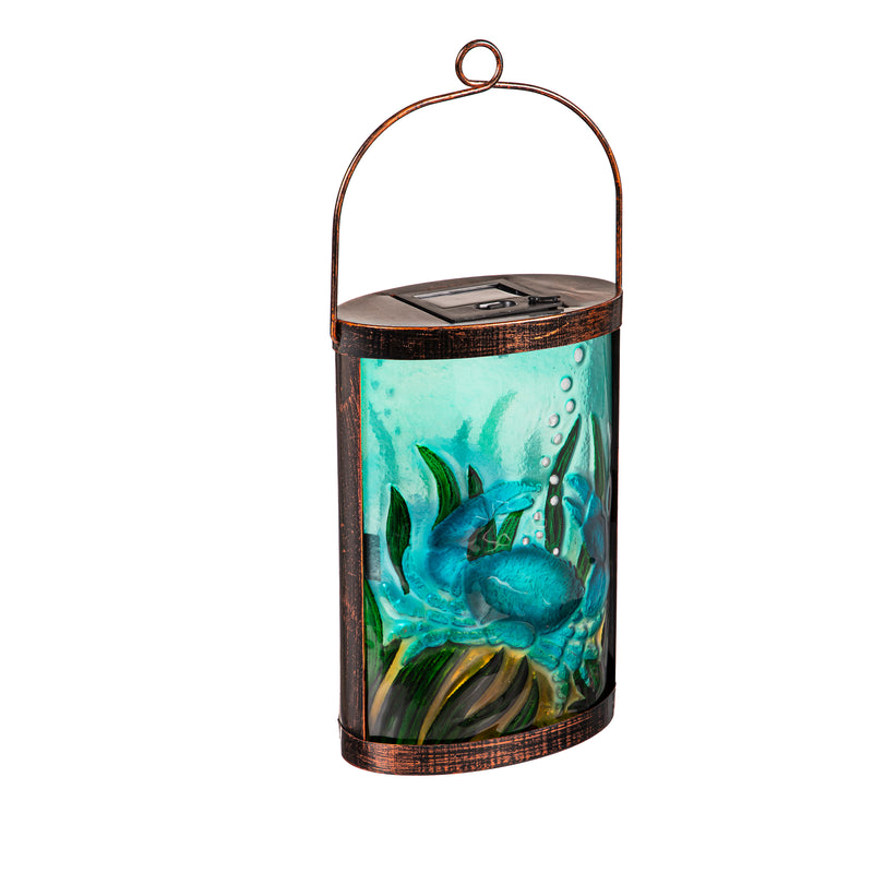 Evergreen Deck & Patio Decor,Solar Hand Painted Glass Lantern, Blue Crab,5.91x3.74x9.45 Inches