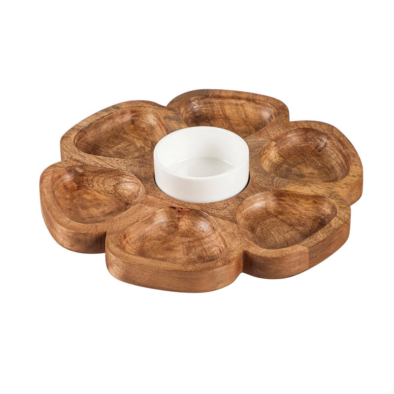 12" Wood Flower Shaped Serving Tray with 5 OZ Dip Bowl, 12"x12"x1"inches
