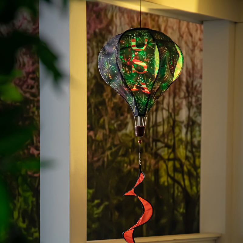 Evergreen Ballon Spinner,God Bless the USA Solar Lit Burlap Balloon Spinner,15x15x55 Inches