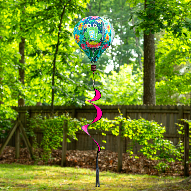 Evergreen Ballon Spinner,Welcome Friends Frog Burlap Balloon Spinner,15x15x55 Inches