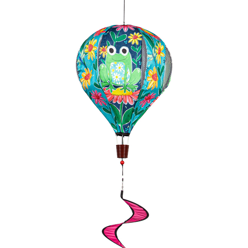 Evergreen Ballon Spinner,Welcome Friends Frog Burlap Balloon Spinner,15x15x55 Inches