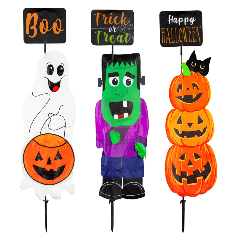 Evergreen Flag,Halloween Sign Trio Fabric Stake, 3 Asst,1.5x15x62 Inches