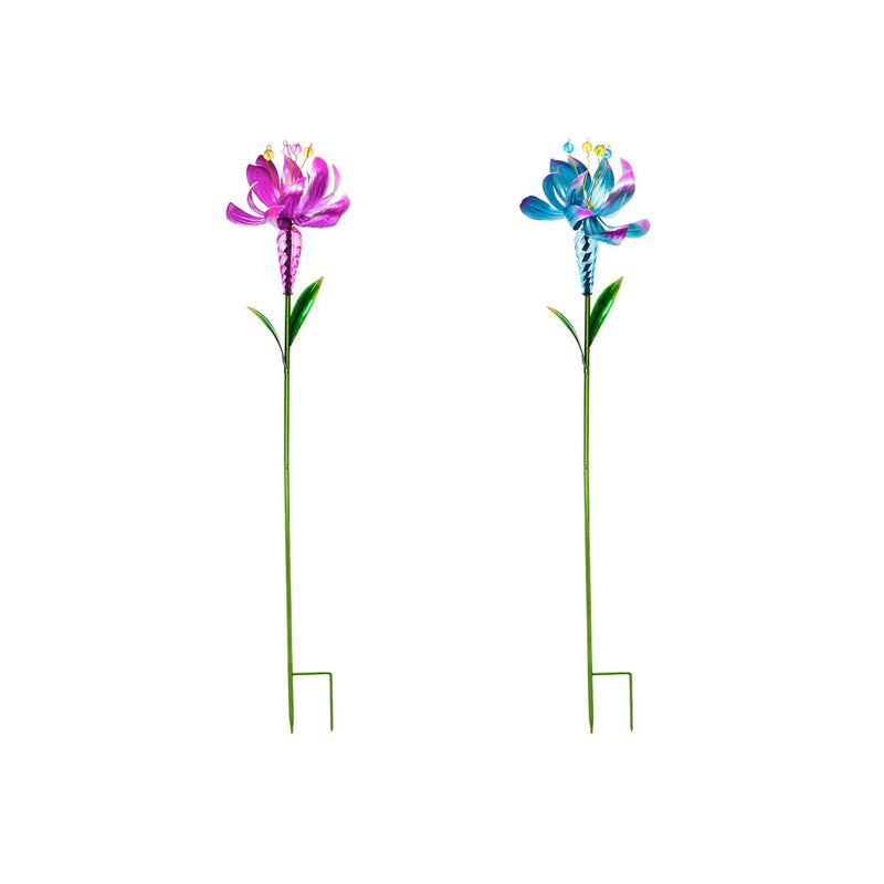 38.5"H Wind Spinner Flower Garden Stake, 2 Asst, Pink and Blue,7.87"x7.87"x38.78"inches