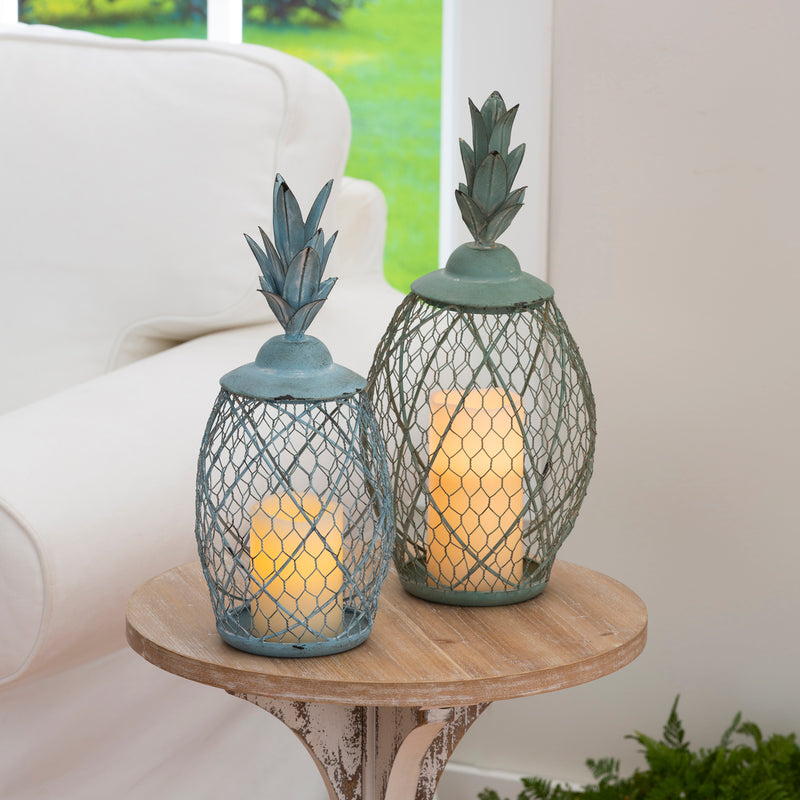 Evergreen Deck & Patio Decor,Pineapple Metal Lantern, Set of 2,7.5x7.5x15.8 Inches