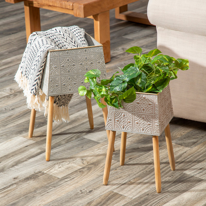 Evergreen Deck & Patio Decor,Stamped Metal Geometric Planter with Wooden Legs, Set of 2,12.6x12.6x20.1 Inches