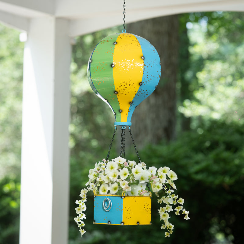 Evergreen Deck & Patio Decor,Multi-Color Hot Air Balloon Metal Hanging Planter,8.66x8.66x35 Inches
