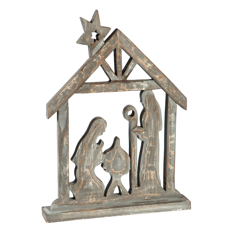 16" Wooden Gray Brushed Nativity Tabletop Décor, 12'' x 2'' x 16.3'' inches