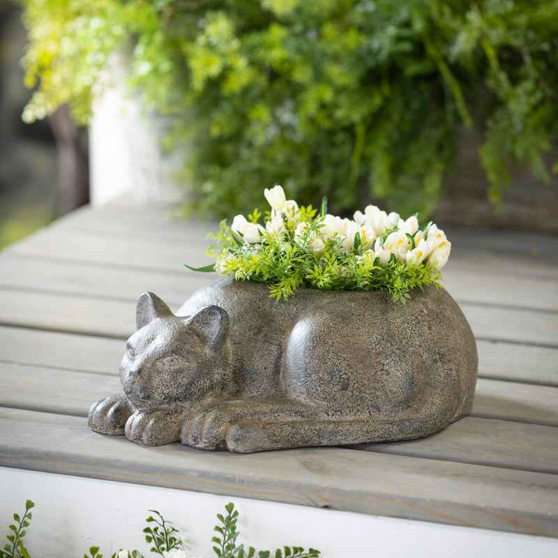 Evergreen Deck & Patio Decor,Napping Cat Planter,17x12.5x5.5 Inches