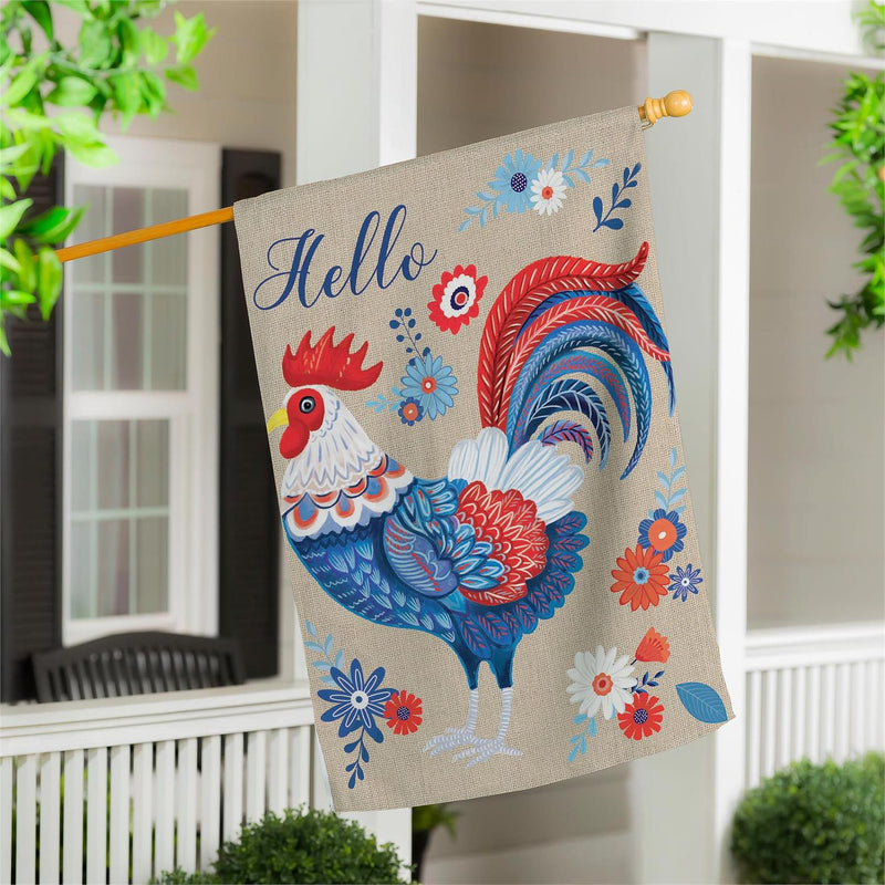 RWB Rooster Burlap House Flag