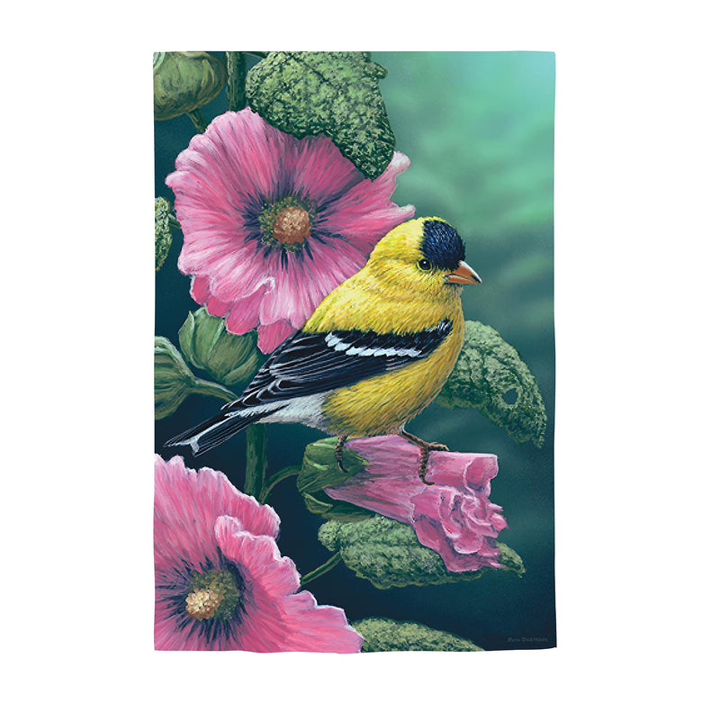 Goldfinch on Hollyhocks Suede House Flag