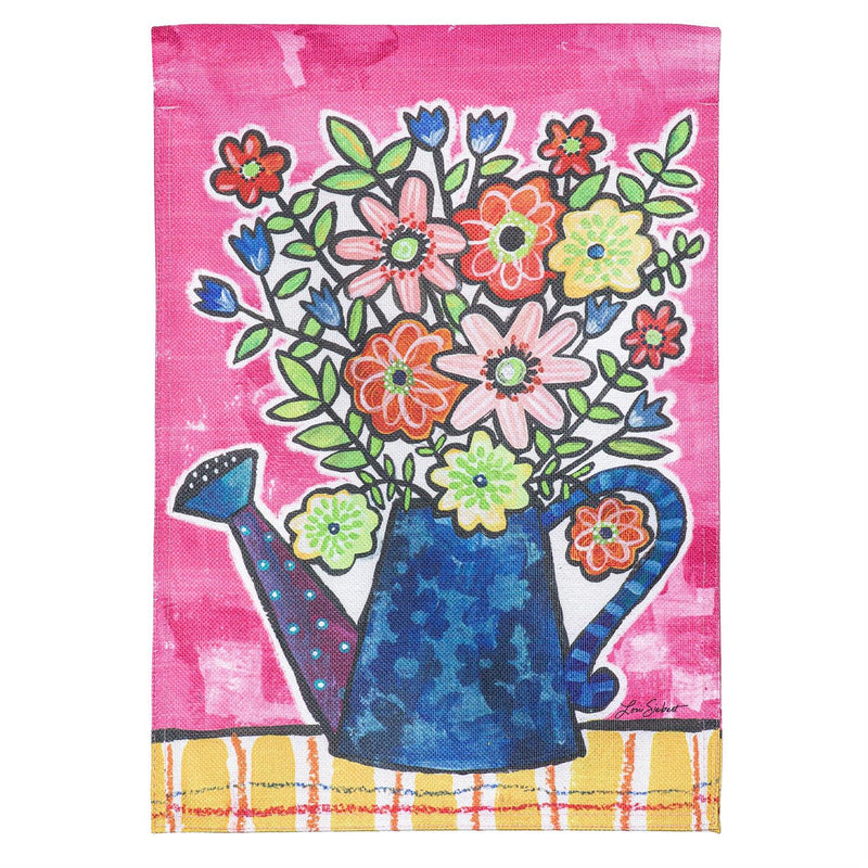 Summer Flowers Watering Can Burlap Garden Flag