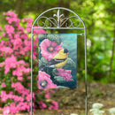 Goldfinch on Hollyhocks Suede Garden Flag