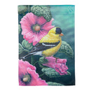 Goldfinch on Hollyhocks Suede Garden Flag