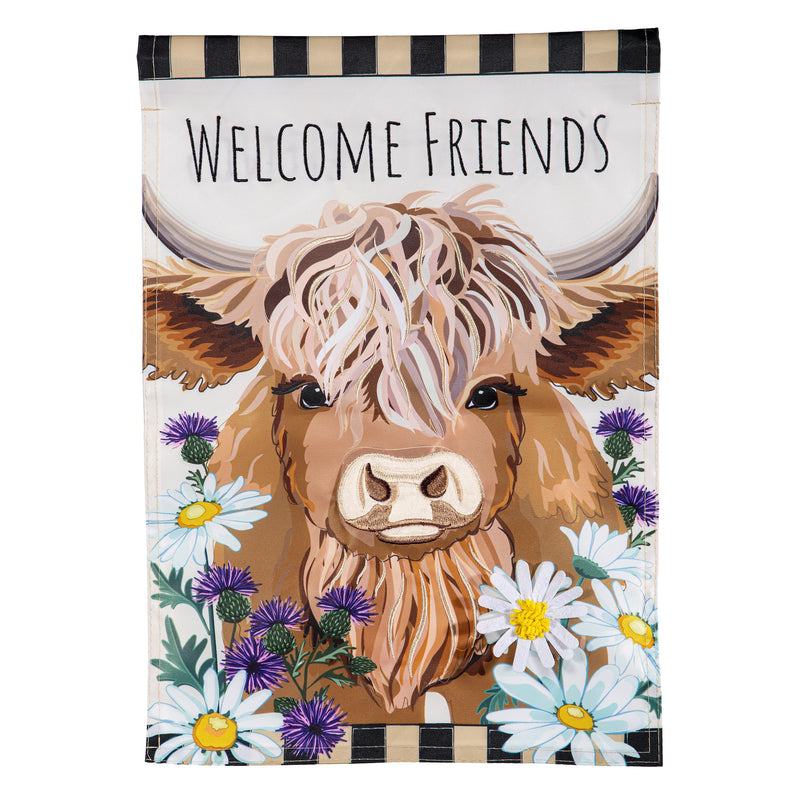 Highland Cow Welcome Friends Applique Garden Flag