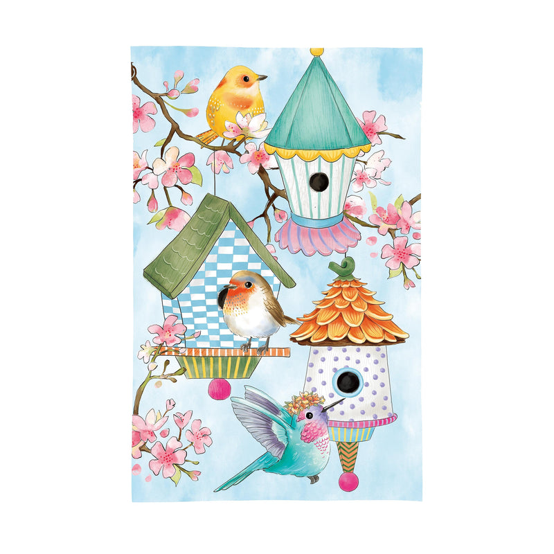 Bird House & Birds on Cherry Blossoms Applique Garden Flag