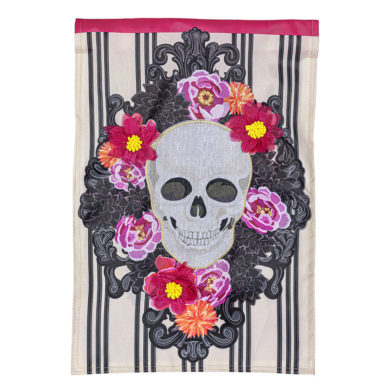 Happy Skull Floral Applique Garden Flag