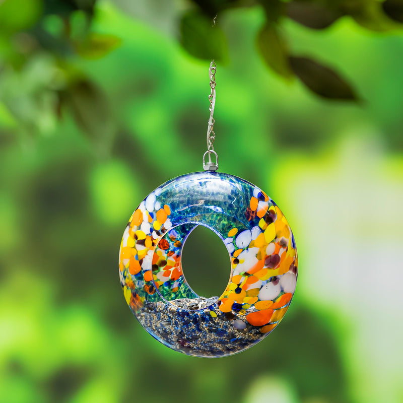 Blue Coastal Bird Feeder, Solar Art Glass Sky Swirl Feeder, 8"