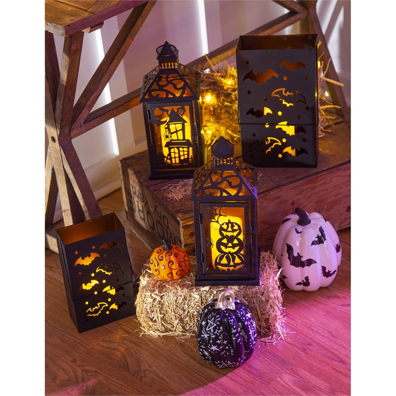 Evergreen Statuary,Set of 3 Printed Ceramic Pumpkins, Halloween Night,6.3x8.64x6.3 Inches