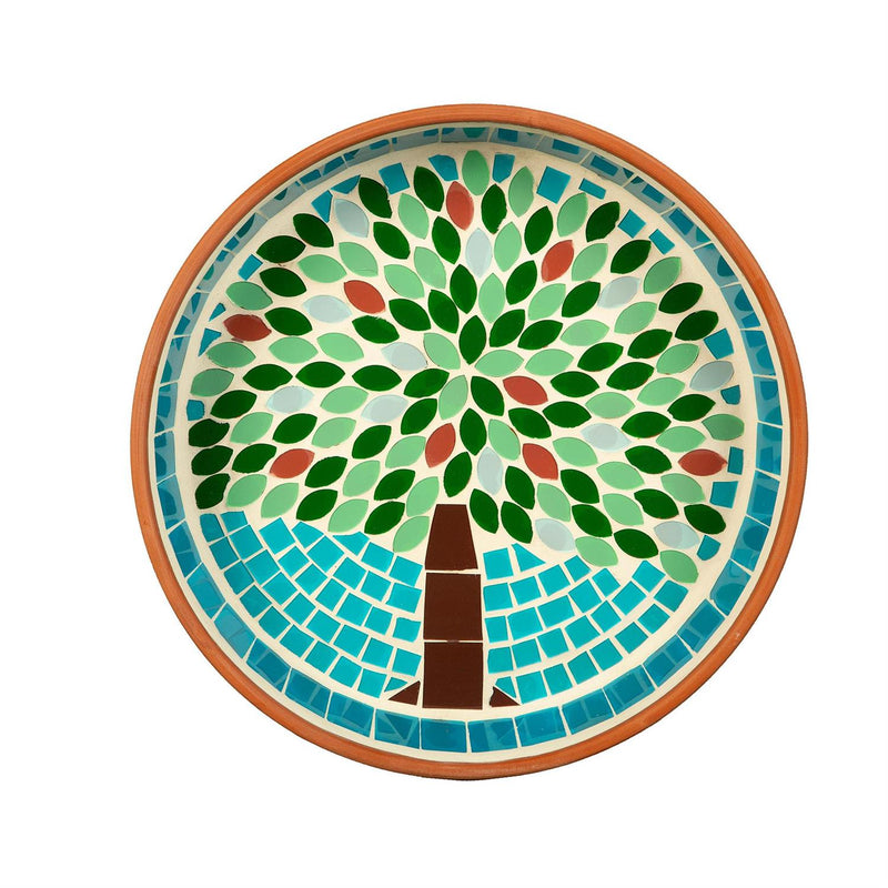10" Terracotta Mosaic Bird Bath, Bountiful Tree