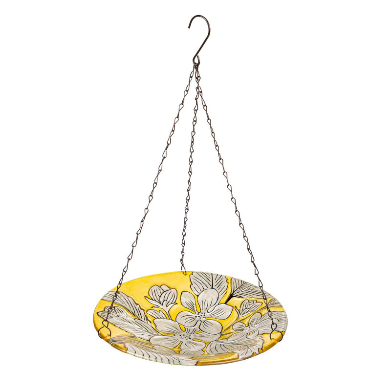 10" Hanging Yellow Floral Glass Bird Bath