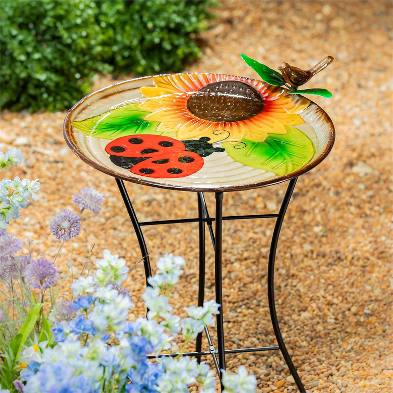 Pollinator Garden Birdbath, Metal Ladybug  & Sunflower, 17"