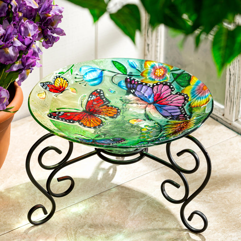 Pollinator Garden Birdbath, Glass Butterfly Family, 18"