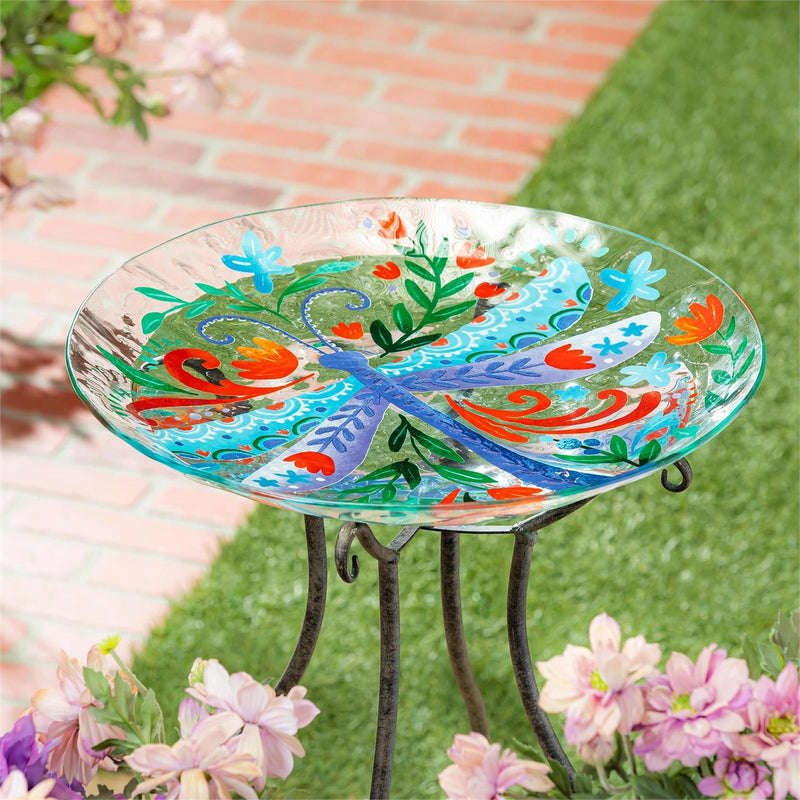 Pollinator Garden Birdbath, Glass Folk Art Dragonfly, 18"