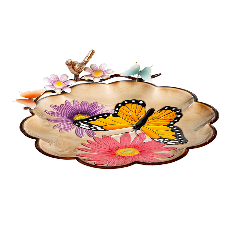 Pollinator Garden Birdbath, Metal Bright Butterfly & Flowers, 17"