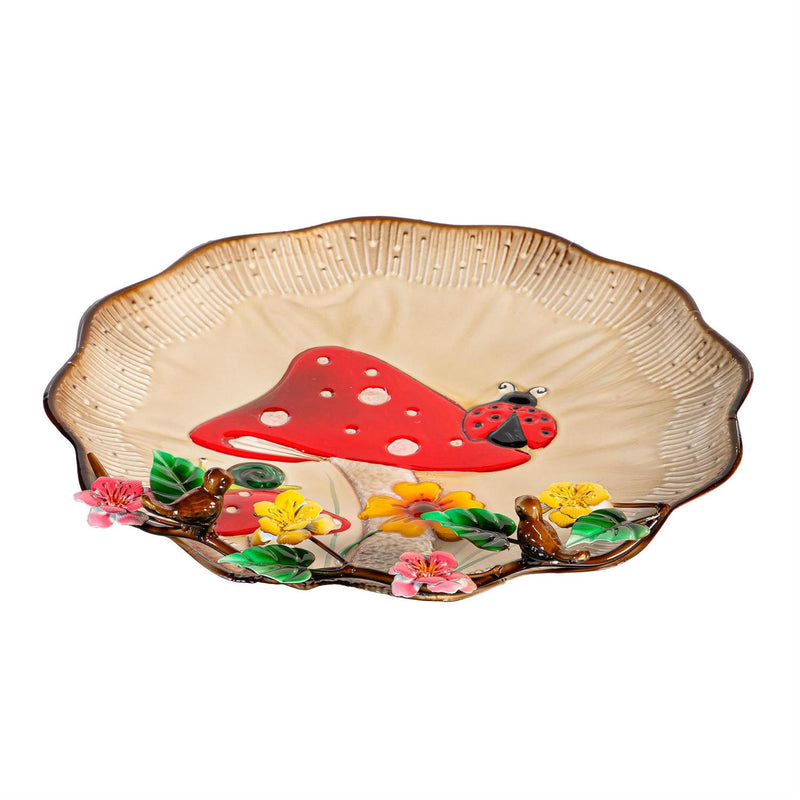 Garden of Wonder Birdbath, Metal Sculpted Edge Bird Bath, Flowers & Mushrooms, 17"