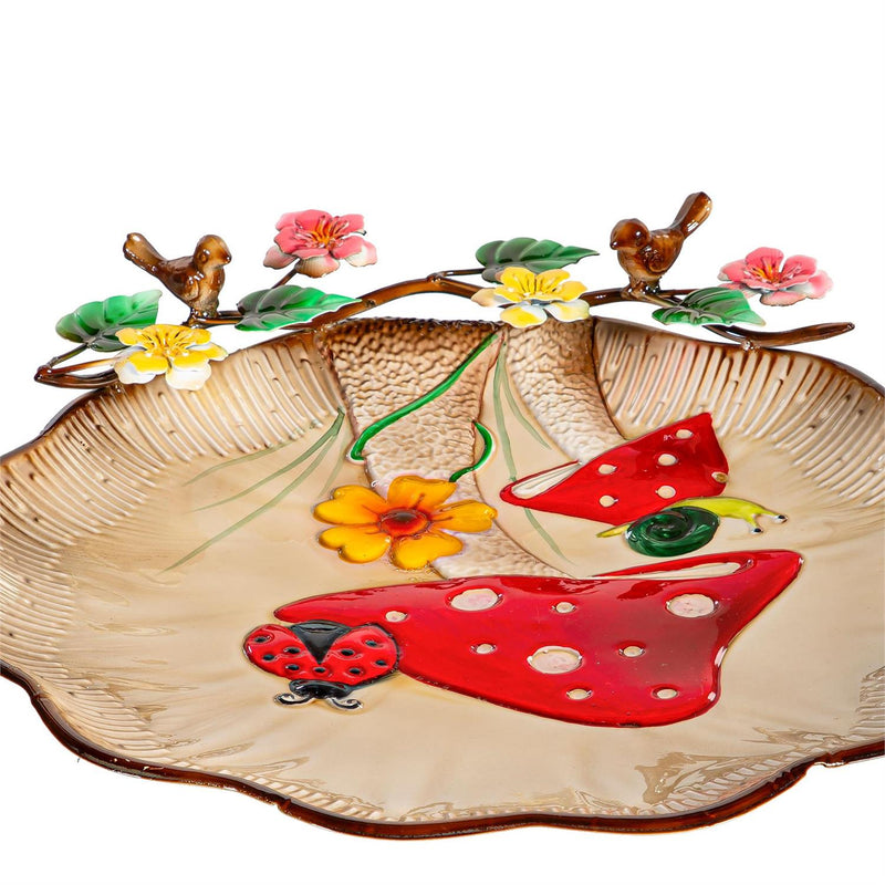 Garden of Wonder Birdbath, Metal Sculpted Edge Bird Bath, Flowers & Mushrooms, 17"