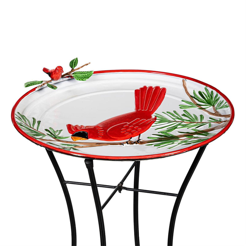 Holiday Poinsettia Birdbath, Metal Birdbath with Stand, Cardinal, 16.5"