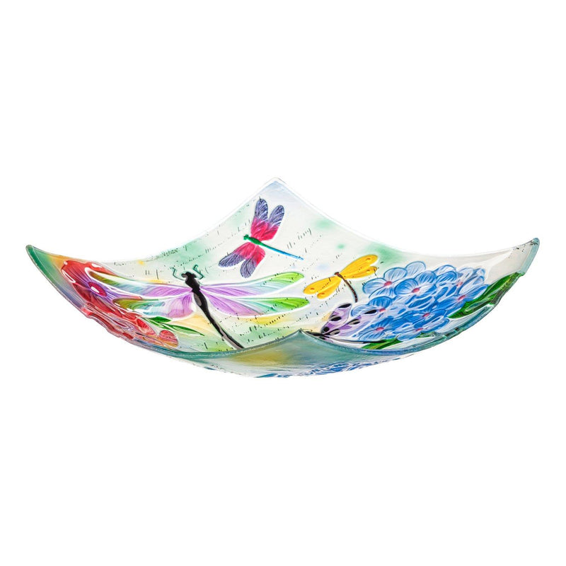 16.5" Hand Painted Embossed Square Glass Bird Bath, Dragonfly Prints