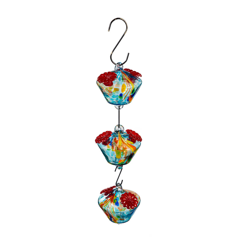 Pollinator Garden Bird Feeder, Art Glass Hanging Chained Hummingbird Feeder, Blue & Yellow